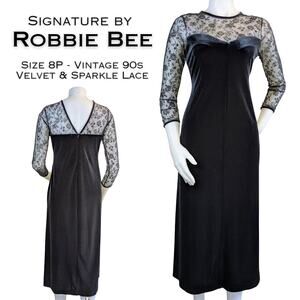 VTG 90s Robbie Bee Maxi Dress Gown 8P Black Velvet Sparkle Sheer Lace Event